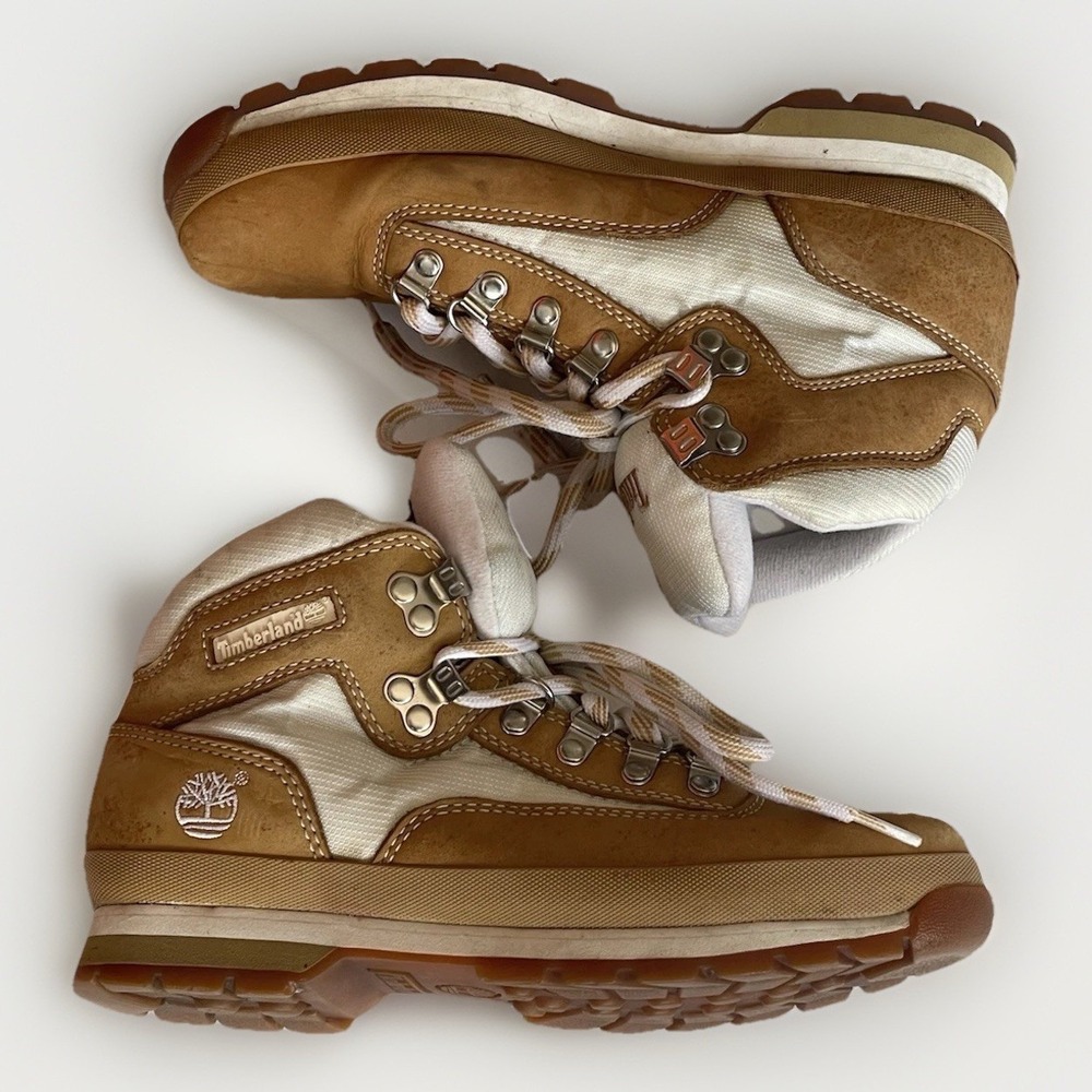 Timberland Euro Hiker Boots Mens 8.5M Khaki White Leather‎ Canvas